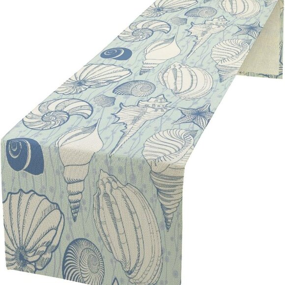 Vintage Look Seashells Table Runner - Blue Coastal Sealife Theme - Costal Decor - Picture 1 of 5